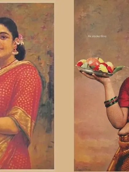 Another stunning recreation from my Raja Ravi Varma series, this time featuring "Woman Holding a Fruit." The attention to detail in the saree and expression brings the painting to life.
