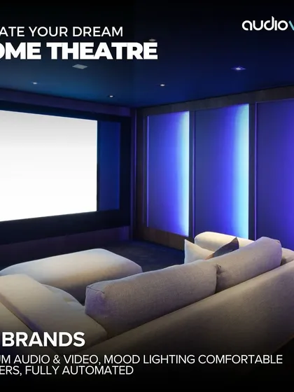This concept illustrates a contemporary media room with large, backlit acoustic panels that serve both a functional and aesthetic purpose, creating a soft, ambient glow.