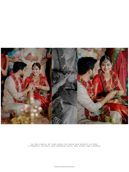 A collage documenting the sacred rituals of their Hindu wedding ceremony at Guruvayur.
