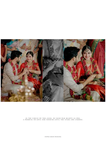 A collage documenting the sacred rituals of their Hindu wedding ceremony at Guruvayur.