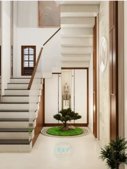 This render shows a clever use of space under a staircase, with a small zen garden and potential for hidden storage.