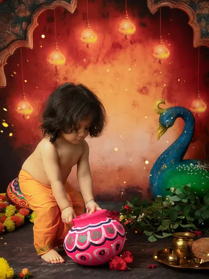 A toddler dressed as Krishna, curiously inspecting a colorful pot in a dramatic, beautifully lit scene.