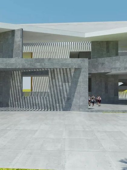 A wider exterior view of the proposed school, showing the layered composition of open and enclosed spaces. The building's form is defined by strong horizontal lines and raw concrete, creating a durable and impactful institutional presence.