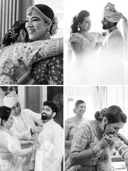 A collage of heartfelt black and white moments, showing the bride and groom sharing emotional hugs with their parents.