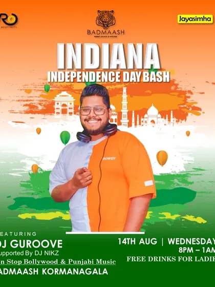 My 'Indiana' Independence Day Bash poster. I create patriotic-themed parties that celebrate with the best of Bollywood and Punjabi music, bringing everyone together on the dance floor.