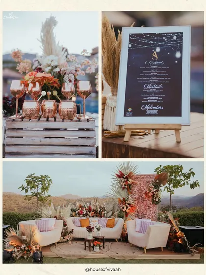 A collage of the "Mystic Mehendi," showing the rustic bar details and a beautifully styled lounge area with a backdrop of pampas grass and a patterned rug.