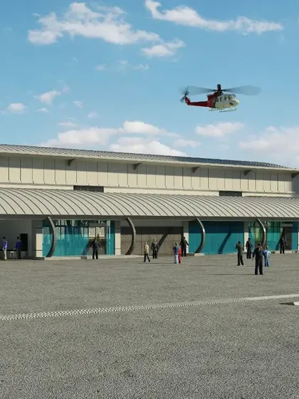 A conceptual rendering showing the heliport terminal alongside the air traffic control tower. This view highlights the functional relationship between key operational areas, ensuring seamless coordination for aviation activities.
