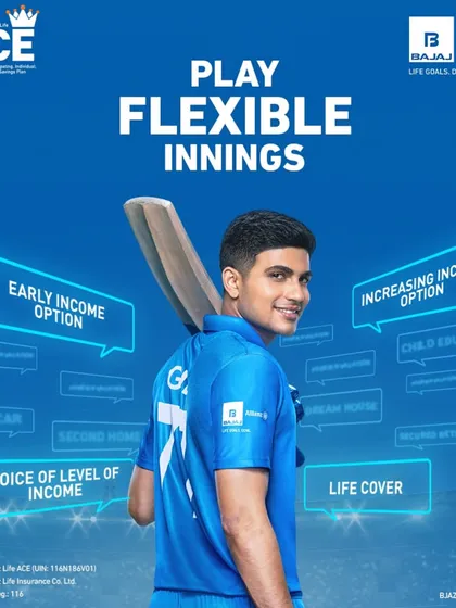 A digital campaign creative for Bajaj Allianz Life Insurance with Shubman Gill. The styling is clean and athletic, using the blue of his jersey to tie into the brand's corporate colors.