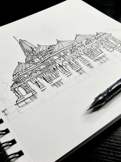 An early stage of the Ram Mandir sketch, done with a fine-liner pen. Every detailed drawing begins with a careful and accurate outline.