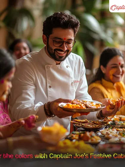 Holi is a festival of joy and color, and the food should be just as vibrant. This image from a recent Holi party shows the lively atmosphere I help create. I'm serving a plate of delicious festive food, ensuring every guest gets a taste of authentic Holi specialties.