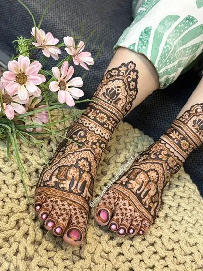 Here is a collection of my bridal feet designs. You can see the variety from full traditional patterns with elephants and peacocks to more modern floral and geometric styles.