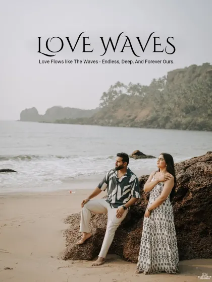 A serene portrait of a couple on a Goan beach, with gentle waves in the background, capturing a feeling of endless love.