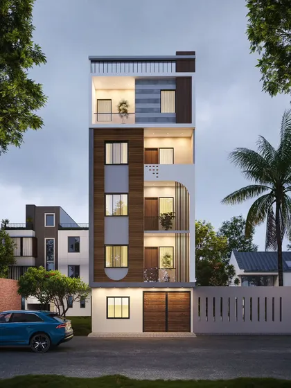 The same West Delhi residential building visualized at night. This render demonstrates how integrated profile lights and interior lighting can transform the facade, adding warmth and highlighting key architectural details.
