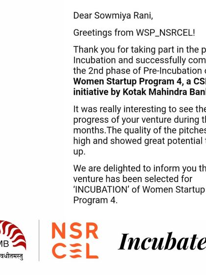 The official letter confirming my venture's selection for the Incubation program at IIM Bangalore's NSRCEL. This was an accidental dream that became a pivotal moment in my journey.