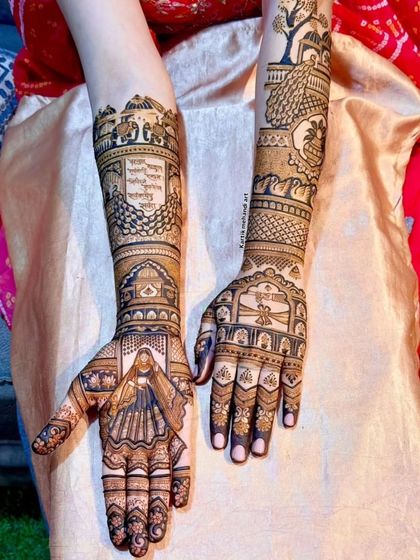 A regal bridal design featuring a bride in her doli. The inclusion of Sanskrit shlokas adds a sacred touch, while the peacock and jharokha motifs enhance the traditional feel.