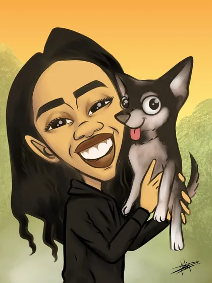 I absolutely love drawing pets with their humans. This digital portrait captures the wonderful bond between a smiling owner and her adorable dog. Send me a photo of your furry friend, and I'll create a keepsake you can cherish forever.