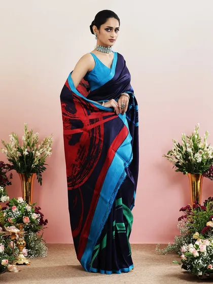Another full view of this unique printed saree, perfect for making a bold fashion statement.