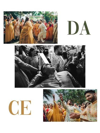 A collage showcasing the dance and energy of the Haldi, with the groom being playfully lifted by his friends.