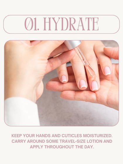 The first step to healthy nails is hydration. This image shows the application of cuticle oil, an essential part of my manicure service to keep your nails and skin moisturized.