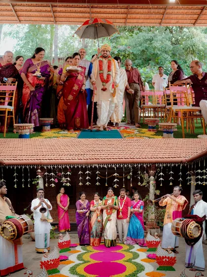 Capturing the beautiful traditions of Darshan and Apeksha's wedding, including the Kashi Yatra. The vibrant colors of the rangoli and the traditional attire make for a stunning visual story.