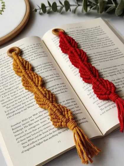 For the book lovers, I make these beautiful macrame bookmarks. Pictured here in mustard yellow and deep red, the leaf-like knot pattern and wooden ring top make reading feel a little more special.