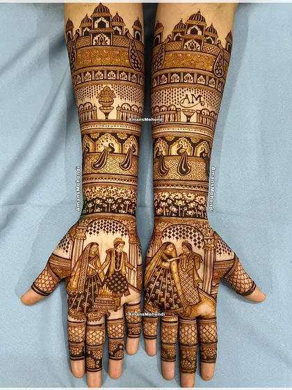 A royal celebration of love on both hands. This design features the Varmala and Sindoor ceremonies, with custom initials, peacocks, and kalash motifs, creating a symmetrical and story-rich bridal mehndi.