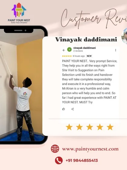 We believe our service is an emotion, a value shared by our clients. This review from Vinayak highlights our end-to-end support, from site visit and paint selection to the final handover, and mentions my personal involvement to ensure a calm, professional experience.
