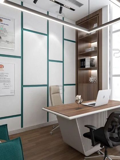 Another view of the director's cabin, showcasing the ample natural light and clean design. The minimalist desk, ergonomic chairs, and built-in shelving create a professional and inspiring leadership space.