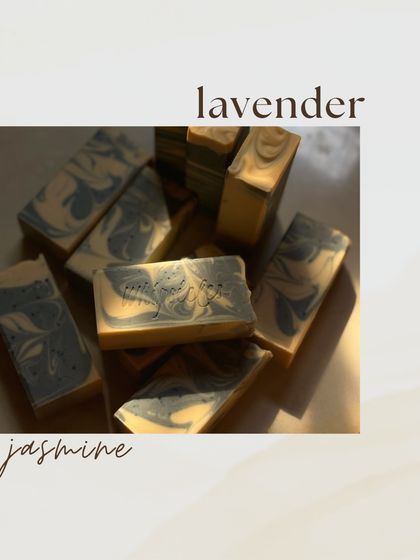 This custom Lavender and Jasmine soap features beautiful swirls of blue clay. It was created for a special occasion, showing how we can tailor our artisan soaps to fit any theme or preference.