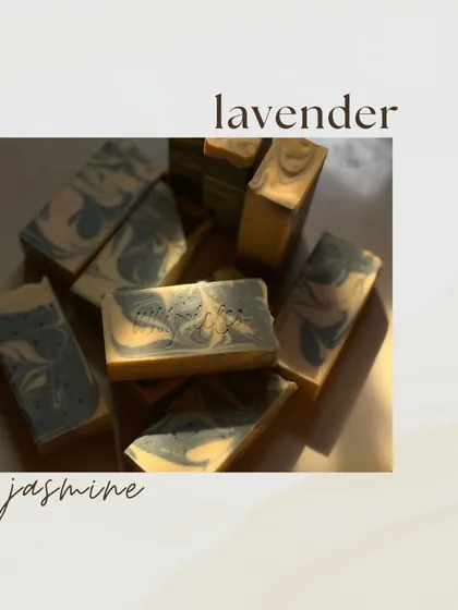 Our custom Lavender Jasmine soap, featuring a beautiful blue and cream swirl. We love working with clients to create unique scents and designs for their special events.