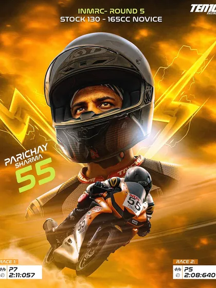 The results speak for themselves. This graphic celebrates Parichay Sharma's strong finish in the INMRC season, where he improved from P7 to P5 and set his best lap time of the year.
