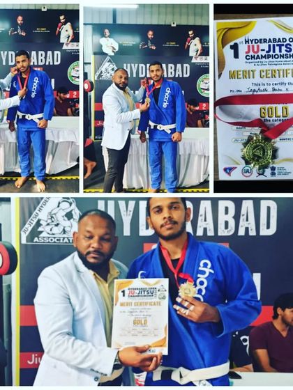 A collage from the Hyderabad Open Jiu-Jitsu Championship 2023, showing me receiving the Gold medal for the -77kg Gi category.