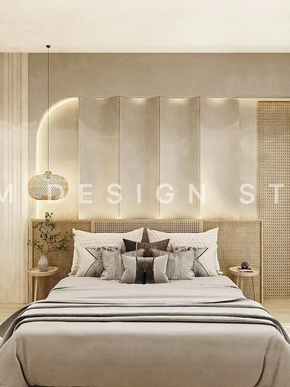 This bedroom blends Scandinavian simplicity with a nautical twist. The arched, padded headboard and light wood tones create a clean, coastal vibe for a peaceful retreat.