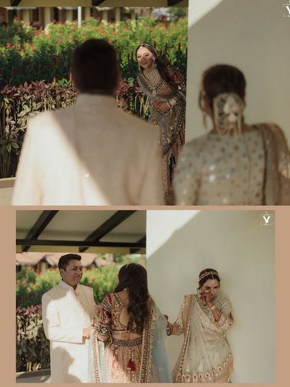 A collage capturing a bride's playful first look with her groom and another with her bridesmaid. These images are full of smiles, laughter, and the joyful spirit of the day.