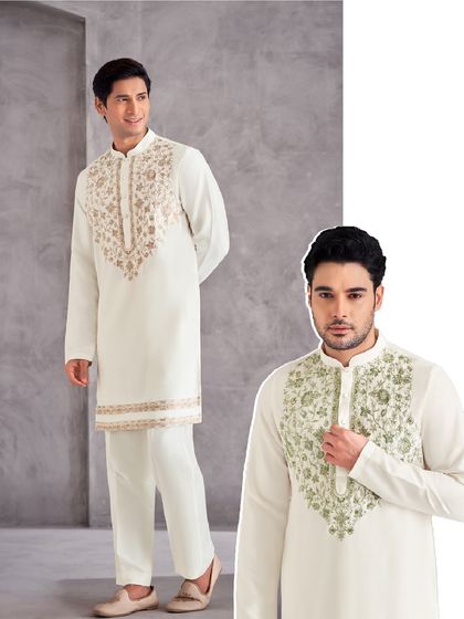 A closer look at our hand-embroidered kurtas. This image showcases two styles, both featuring exquisite threadwork on the neckline and placket for a touch of refined luxury.