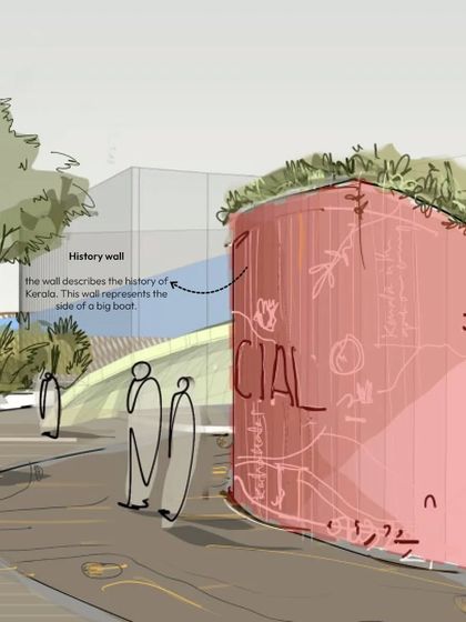 Concept sketches for the entrance of the CIAL shopping mall, showing the idea for a large, boat-shaped history wall and an accompanying water feature. These initial drawings establish the core thematic elements of the design.