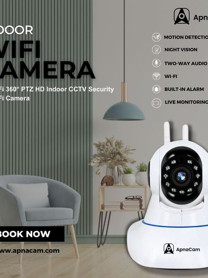 This is our WiFi 360 PTZ HD indoor security camera. It includes features like motion detection, night vision, and a built-in alarm for comprehensive protection.