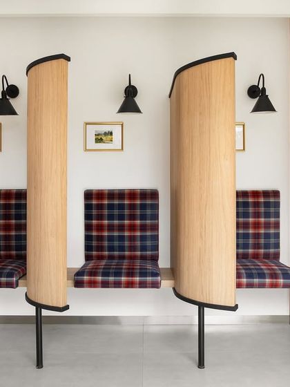 An oasis of recovery. This serene 1200 sq. ft. clinic in Mumbai features recovery seating that bathes in natural light while offering privacy and peace for each patient's journey to renewal.