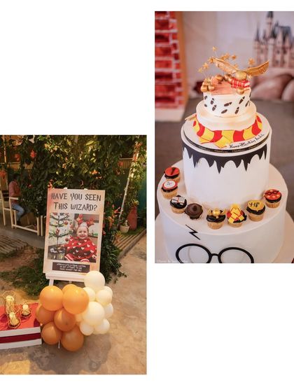 A collage showing the 'Wanted Wizard' poster and a spectacular, multi-tiered Harry Potter-themed cake, complete with a golden snitch and sorting hat.