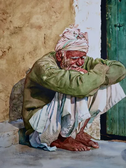 Sometimes a painting is a memory I am trying to hold onto. This piece captures a moment of quiet rest, where the textures of the weathered wall and the simple clothes tell a story of a life lived with dignity.