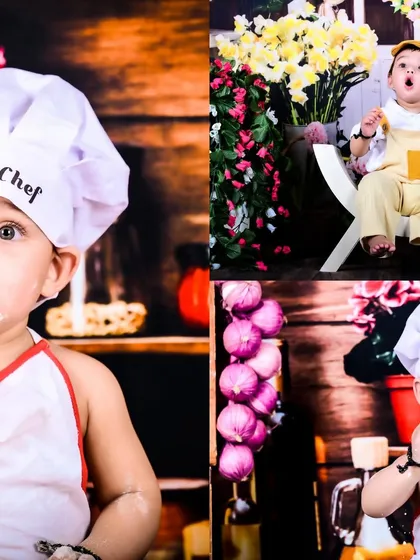 A collage showing a little chef and a floral-themed shoot.