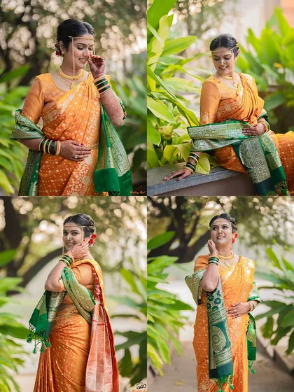 A collage dedicated to the bride, Mansi, showcasing her beautiful orange and green saree and traditional jewelry. I always make sure to capture stunning solo portraits of the bride.
