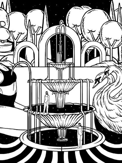 The black and white ink version of 'Love Be Love Go,' emphasizing the complex line work and composition before the addition of vibrant color.