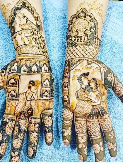 A romantic portrait design showing the couple in a close embrace. The palms are filled with floral patterns, creating a beautiful contrast.