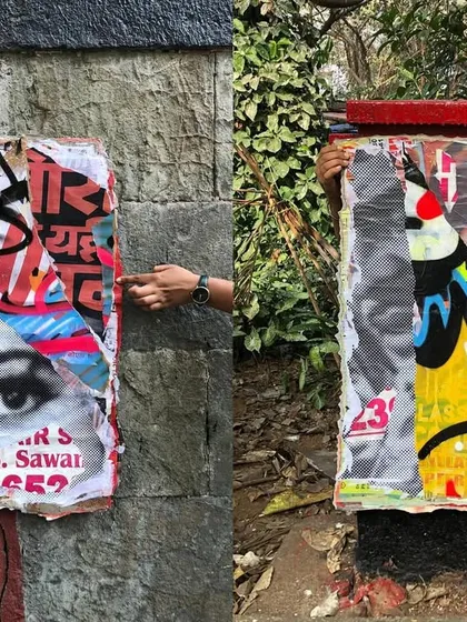 Showcasing the 'Stick No Bills' series in the streets. Placing the finished canvases against different textures like stone walls and a postbox shows how they carry the essence of the city.