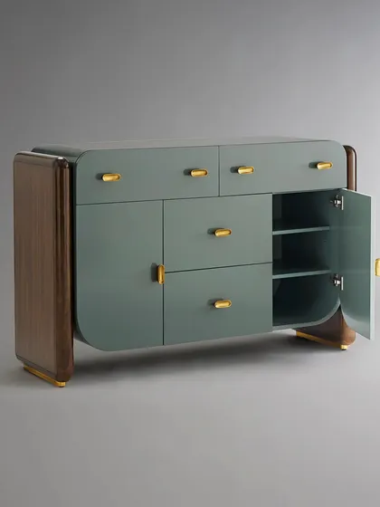 The curved buffet with one door open, revealing the adjustable shelving and ample storage space inside. The medium sheen lacquer finish is both beautiful and durable.