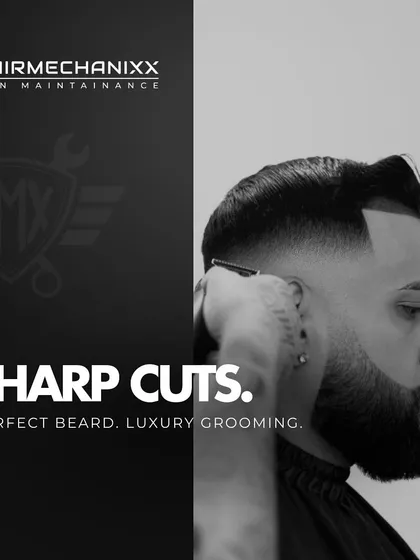 Sharp cuts, perfect beard, luxury grooming. This image sums up our promise to deliver a comprehensive, high-end grooming experience for every client.