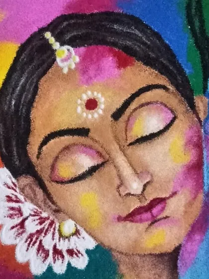 A detailed view of Radha's face, showing the subtle color blending and the traditional jewelry. Capturing these fine details is a key part of my portrait work.