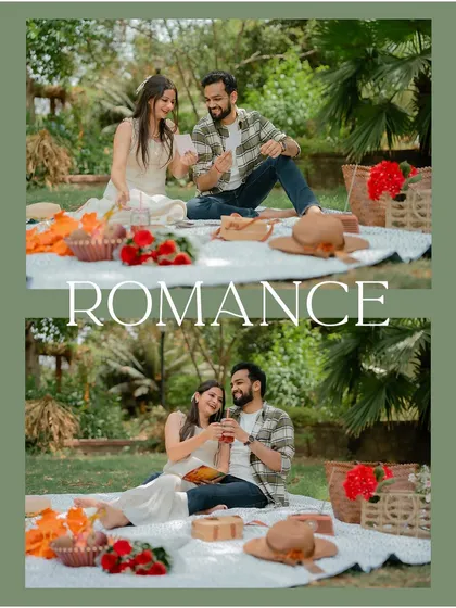 A diptych with a "Romance" text overlay, capturing two beautiful moments from a styled picnic shoot.