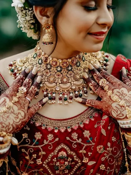 A detailed close-up of the bride's hands, showcasing her intricate henna and stunning gold jewelry. This shot highlights the beautiful details of her bridal adornment.